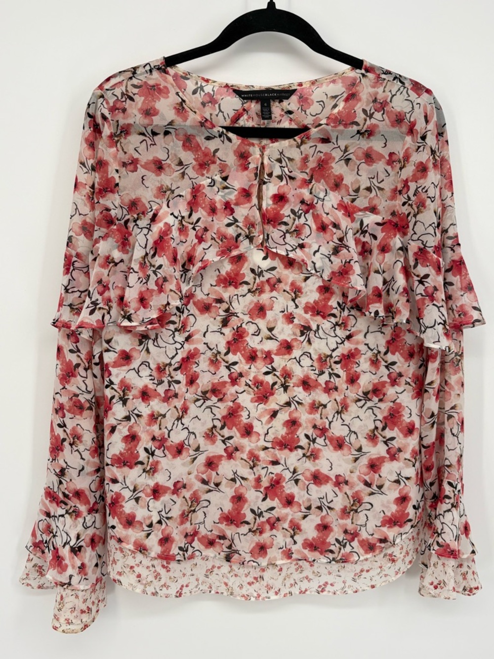 White House Black Market Blouse Pink Floral Ruffle Women’s 6
